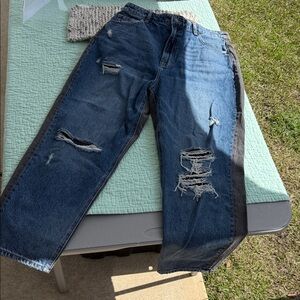 Relaxed Dark Blue Distressed Women’s Jeans with Black Back Panel